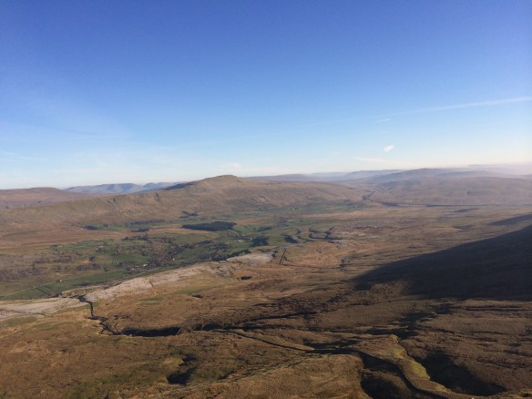 From near the summit of Ingleborough, looking back down towards Whernside and the Ribblehead valley.