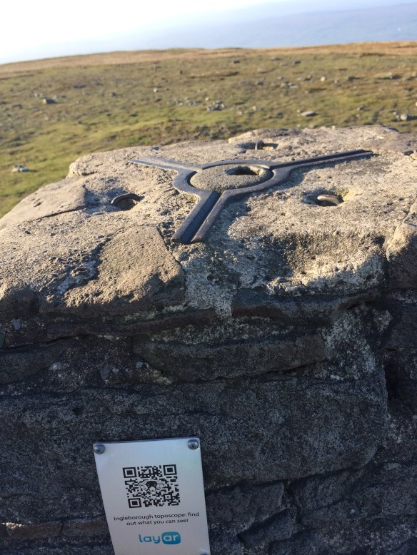 The trig point on Ingleborough, adorned with QR code - an interesting blend of the old and the new.
