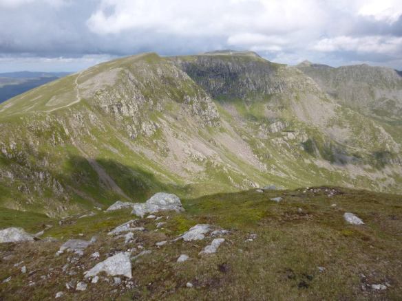 The view towards Helvellyn, centre in the distance, and Nethermost Pike (foreground) from Dollywagon Pike.