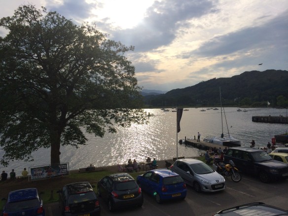 View over the north side of Windermere towards the Langdales upon arrival at the YHA.