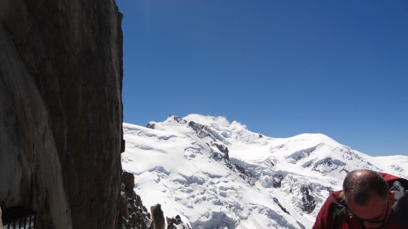 Looking towards the summit of Mont Blanc, a further 1km above us, from the cable car station, the Dome du Gouter is on the right