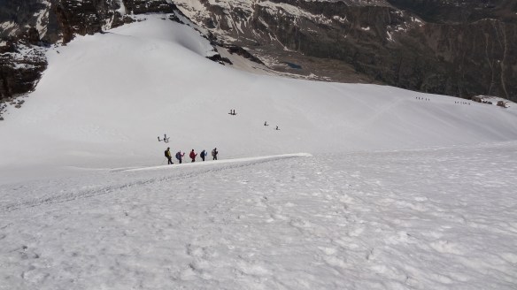 ...and trails of roped up climbers ahead of us meander down the glacier.