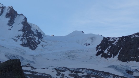 Looking one last time up the glacier - various teams of roped-up climbers can be seen in the far distance.