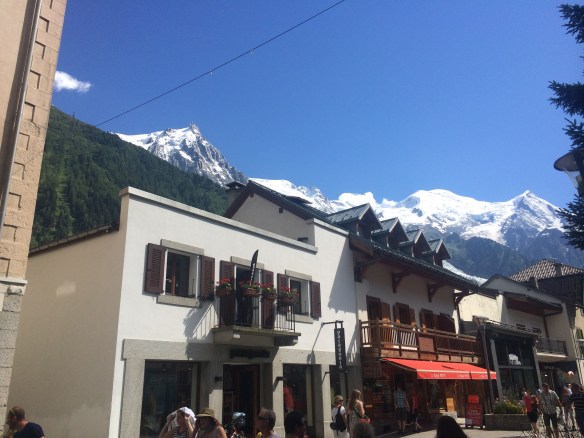 The Aguille du Midi and the Dome du Gouter loom large over the town