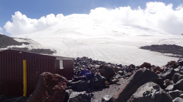 The glacier leading towards the summit of Elbrus - a faint trail of climbers can be seen on the way up on the left hand side.