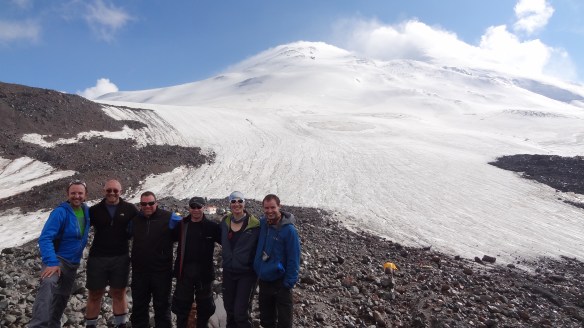 Our first (almost) clear view of the top of the mountain. The only clear views were at about 6am as the sun rose. The summit (west peak) is hidden behind the clouds at the top right of the picture.