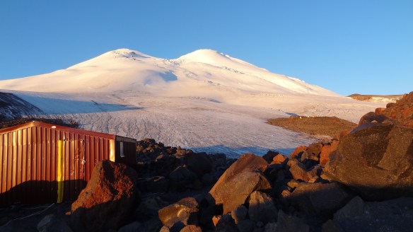 Elbrus reveals her self properly finally, just after sunrise. The West summit is on the right, although is actually out of view here.