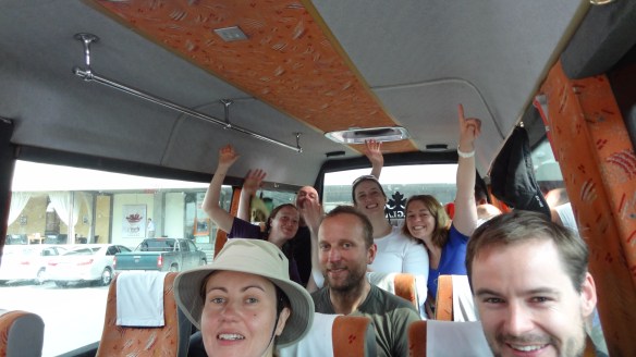 On the bus leaving the hotel to head for Terskol - lots of refreshed and happy faces!