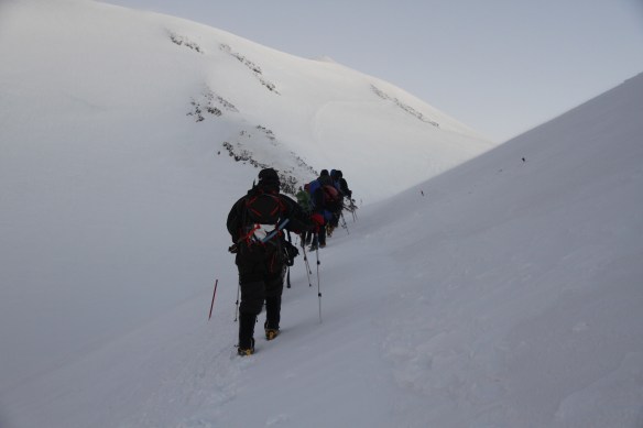 And then into the saddle at about 5,300m, the summit finally in sight in the distance.