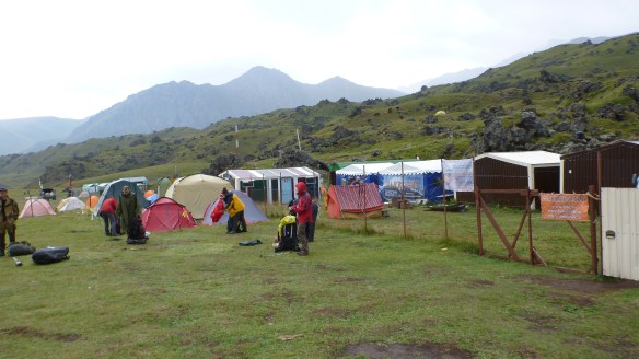 Leaving Base Camp in the early morning rain.