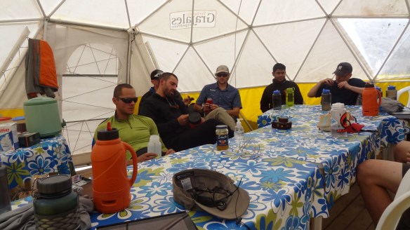 Down time in the dining tent - we don't look too happy do we!