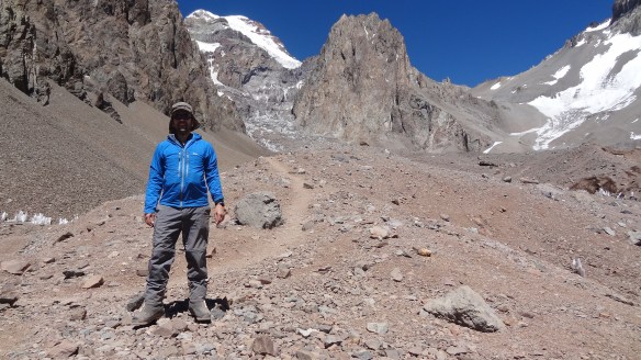 At a break, the top of the mountain is in sight, and Camp 1 (not yet is in view) is just over the shoulder of the ridge at the top right.