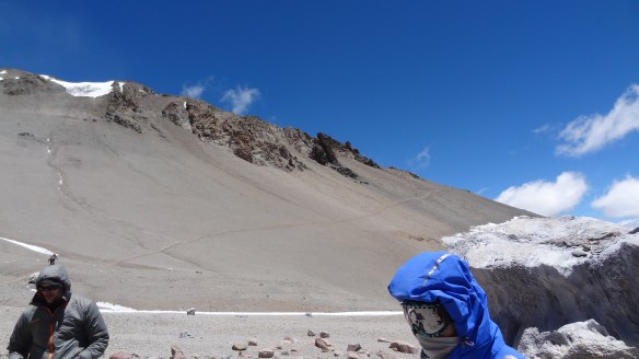 The traverse in the background which goes over the shoulder to Camp 2.