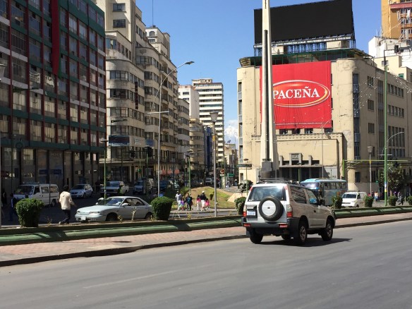 Another typical downtown city scene. Pacēna is the local beer, meaning "of La Paz".