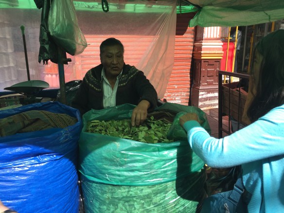 Buying the abundant coca leaves in a street market....