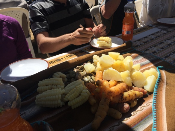A selection of the local produce for lunch, including the largest corn kernels I have ever seen!