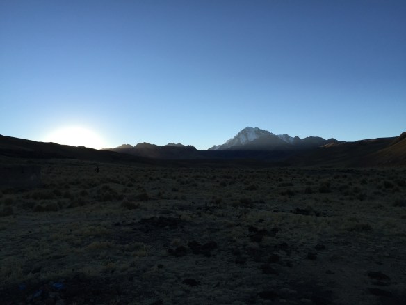 And looking up the valley, the sun is about to poke its head around Huana Potosi too.
