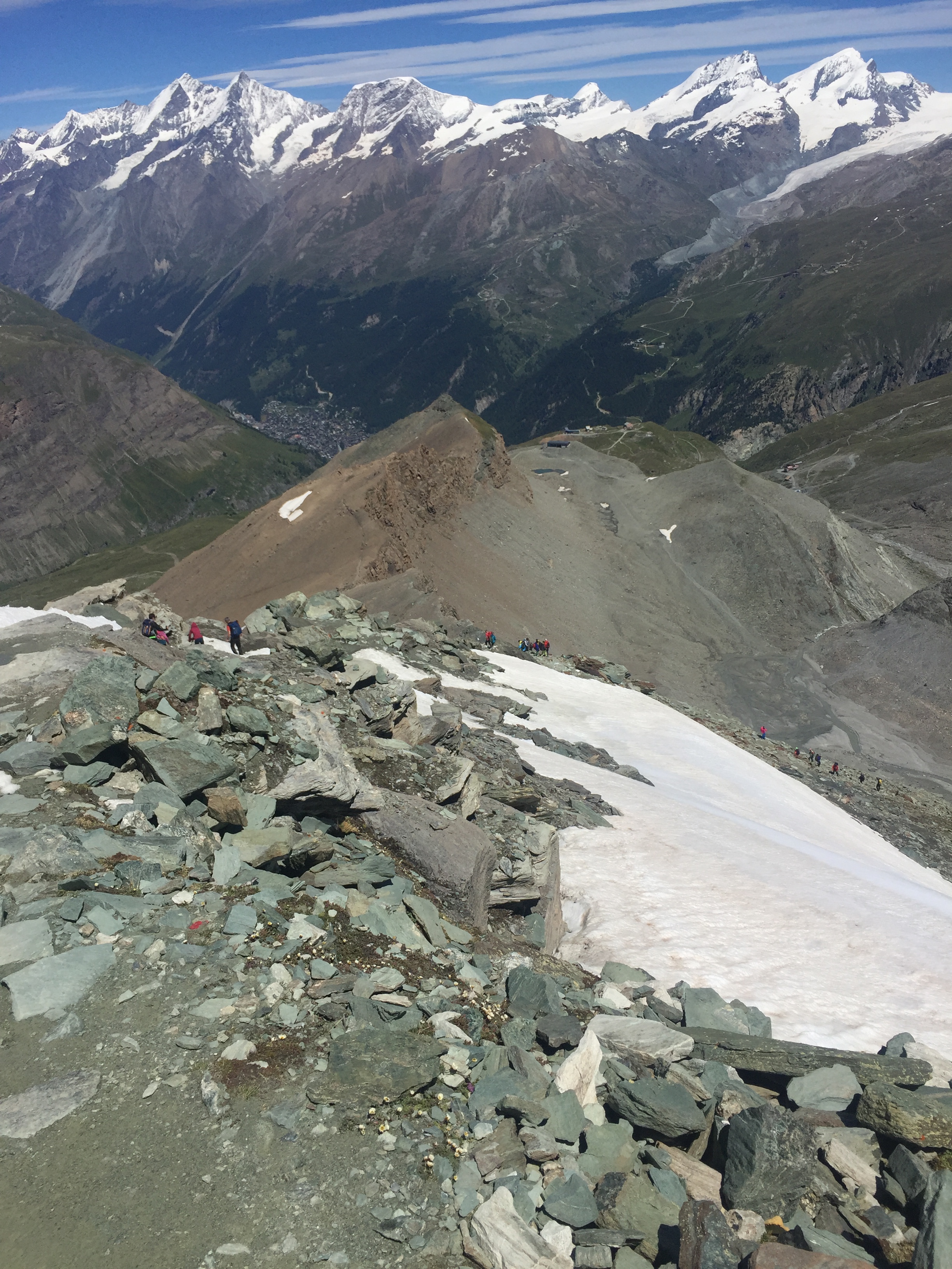 Starting the descent, Zermatt a long way down the valley in the distance and lots of 4,000m peaks up above.