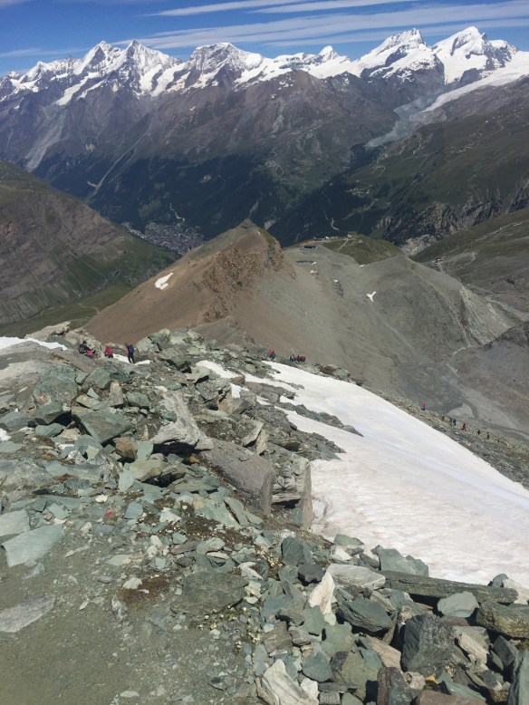 Starting the descent, Zermatt a long way down the valley in the distance and lots of 4,000m peaks up above.